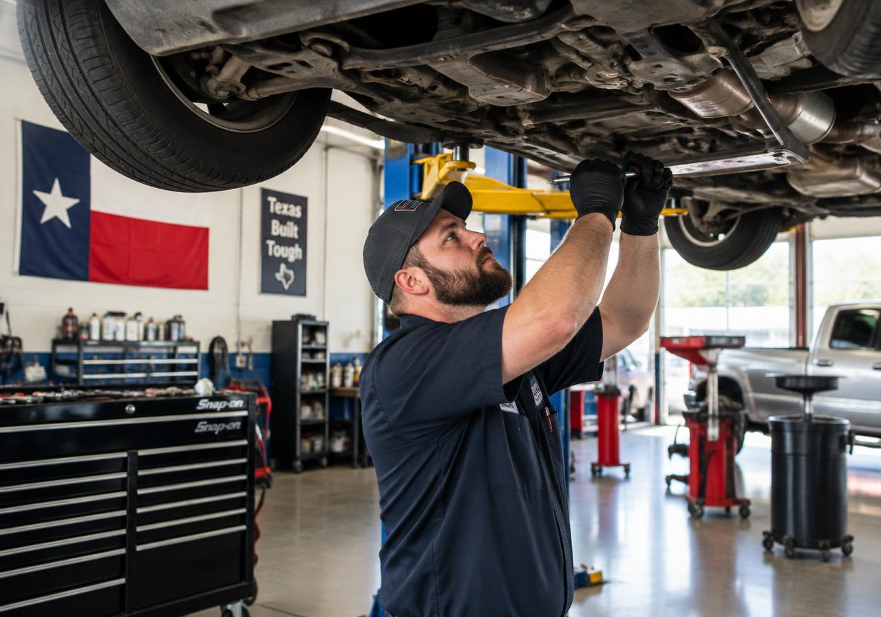 Auto technician repairing a car on a lift in a Texas shop